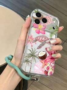 熱帶海龜花卉透明手機殼，附波浪綠手腕繩，相容 iPhone 16 Pro Max、13、15，Galaxy A54 A14 A15 S23 S24 S24ultra S25 A07 A17 S26 A57，防水、防摔、防刮 - 彩色 - 查看 5