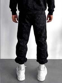 GRDR Vintage Distressed Dark Pattern Tapered Cuffed Sweatpants, Casual Commute Versatile Elastic Waist Sports Pants - Black - View 2
