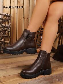 Women's Fashion Boots Solid Color Commute Elegant Side Zipper Ankle Boots Holiday Office Autumn/Winter Thermal Lined Warm Anti-Slip Thick Sole Comfortable Ankle Boots - Brown - View 3