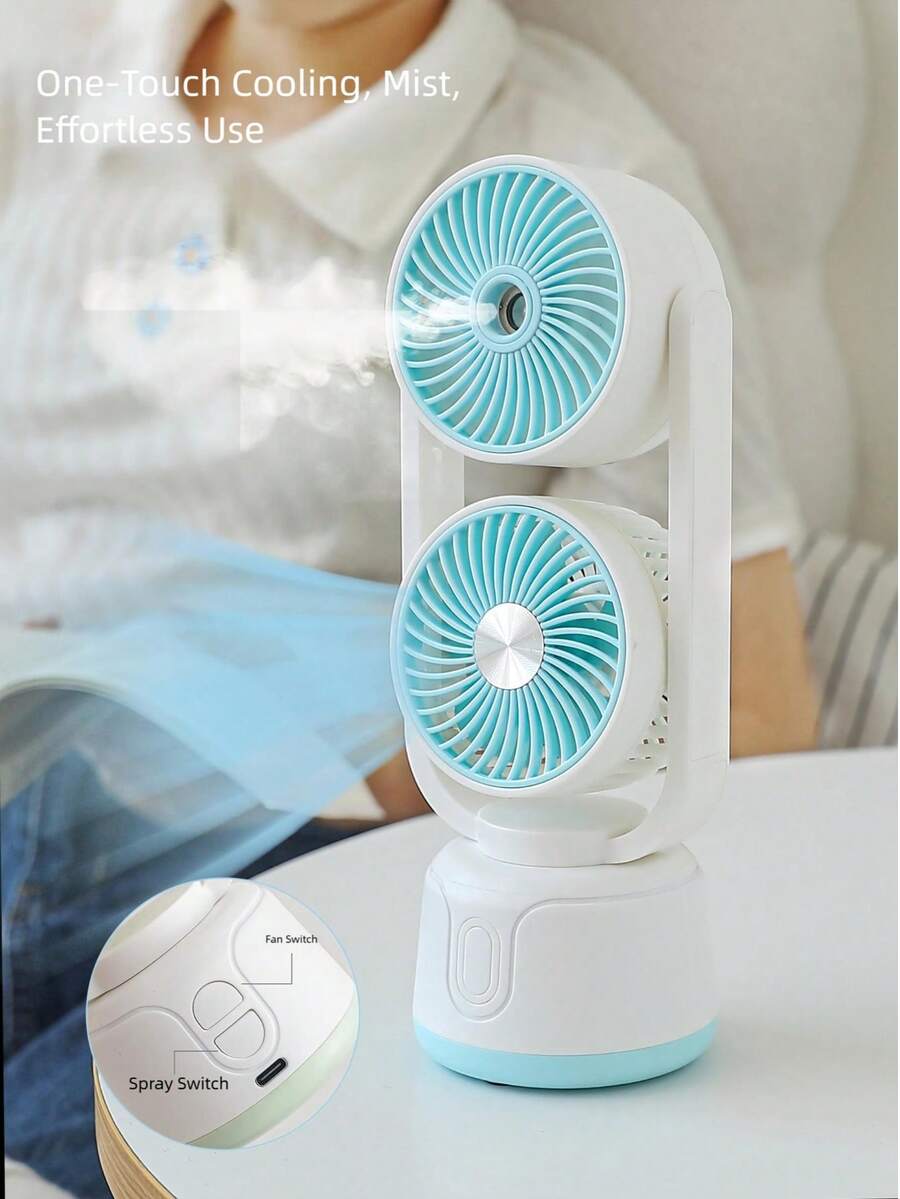 OBOVAY Dual Head Mist Cooling Fan, Type-C Rechargeable Portable Desk Fan With 3 Wind Speeds & Spray Function For Home Office - Desk Fan - View 1
