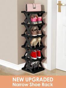 9/6 Tier Vertical Shoe Stand Space Saving Narrow Shoe Rack, Small Shoe Shelf, DIY Free Standing Shoes Storage Organizer For Entryway, Closet, Hallway, Easy Assembly And Stable In Structure, Black & White, Plastic Material, Consumables - 黑色 - 查看 4