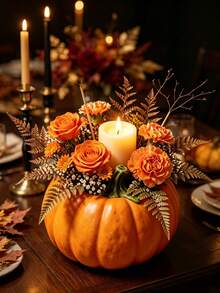 1pc Autumn Pumpkin Decorative Vase With Artificial Roses, Daisies, Fern Floral Arrangement And Candle; Harvest Pumpkin Flower Pot Tabletop Centerpiece Decor, Rustic Farmhouse Style Thanksgiving, Halloween Indoor Decoration, Suitable For Dining Table, Fireplace Mantel, Entryway Shelf, Tiered Tray; Holiday Tabletop Decor, Unique Gift For Autumn Lovers, Gardening Enthusiasts, Housewarming, Birthday Gift - Pumpkin Planter - View 2