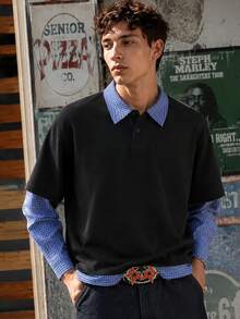 INFLATION Men's New 2-In-1 Long Sleeve T-Shirt, Miu-Style College Style Colorblock Polo Top - Black - View 1