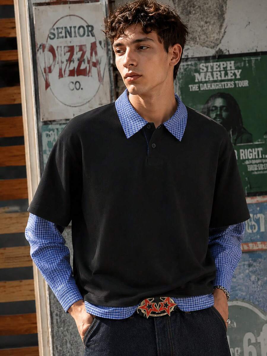 INFLATION Men's New 2-In-1 Long Sleeve T-Shirt, Miu-Style College Style Colorblock Polo Top - Black - View 1