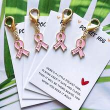 10pcs Breast Cancer Awareness Charms Pink Ribbon Charms For Breast Cancer Support Keychain Gifts Jewellery Making Pink Ribbon Pendants With Clasps For Women Attached Is A Small "Pocket Hug" Card - Keychain Gift Set - View 1
