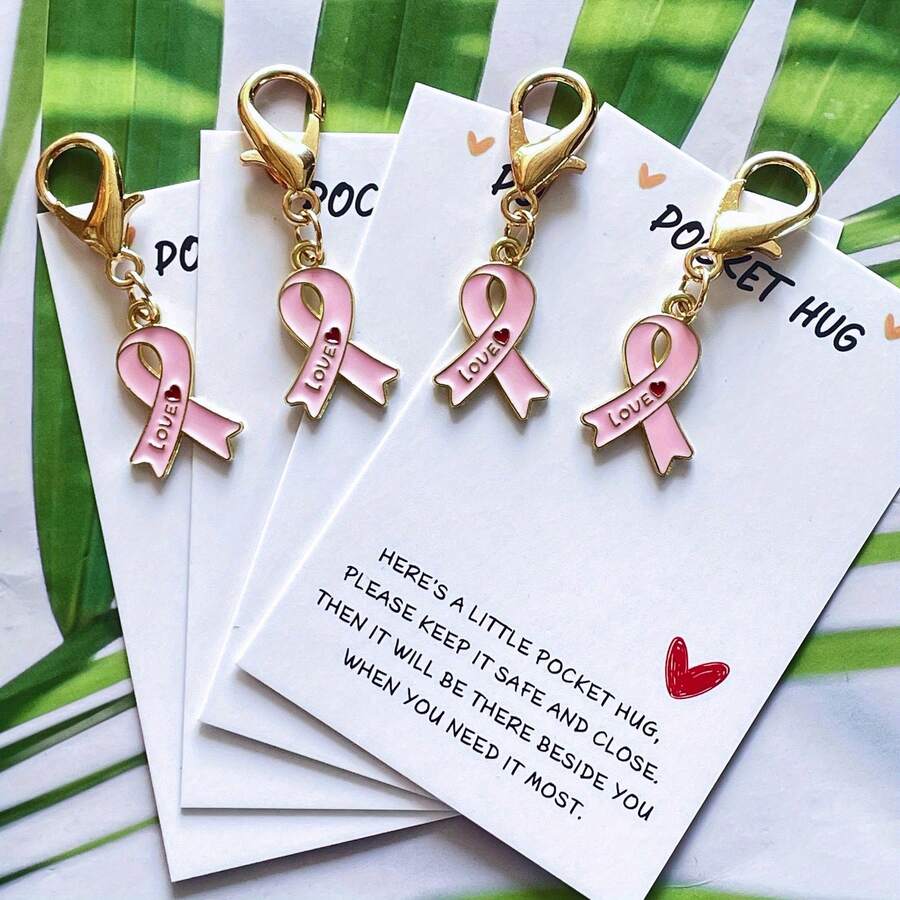 10pcs Breast Cancer Awareness Charms Pink Ribbon Charms For Breast Cancer Support Keychain Gifts Jewellery Making Pink Ribbon Pendants With Clasps For Women Attached Is A Small "Pocket Hug" Card - Keychain Gift Set - View 1