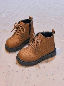 Girls' Stylish Leopard Print Ankle Boots, Autumn/Winter New Single-Layer Leather Boots, Versatile Boots For Mid-To-Large Children, Boys' Leather Boots - Brown - View 3