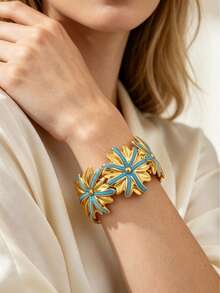 VceTd 1pc Vintage Floral Design Enamel Stainless Steel Open Bangle Bracelet For Women, Suitable For Daily Commute, Vacation, Dating, Holiday Gift For Friends - Yellow Gold - View 3