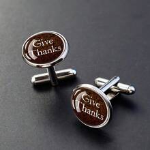 1 Pair Cufflinks Glass Inlay Give Thanks Inspirational Design Men's Formal Gift Elegant Round Decorative Cuff Links For Dress Shirt - Silver - View 6
