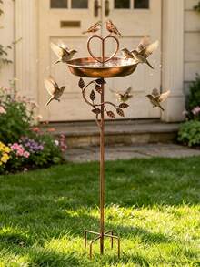 1pc Vintage Iron Bird Bath Feeder, Outdoor Garden Patio Decor, Bronze Heart-Shaped Top With 2 Birds And Leaf Design, Weather-Resistant, Sturdy Ground Stake, Easy Installation And Detachable, Summer Garden Essential, Holiday Decoration And Gift - Multicolor - View 9