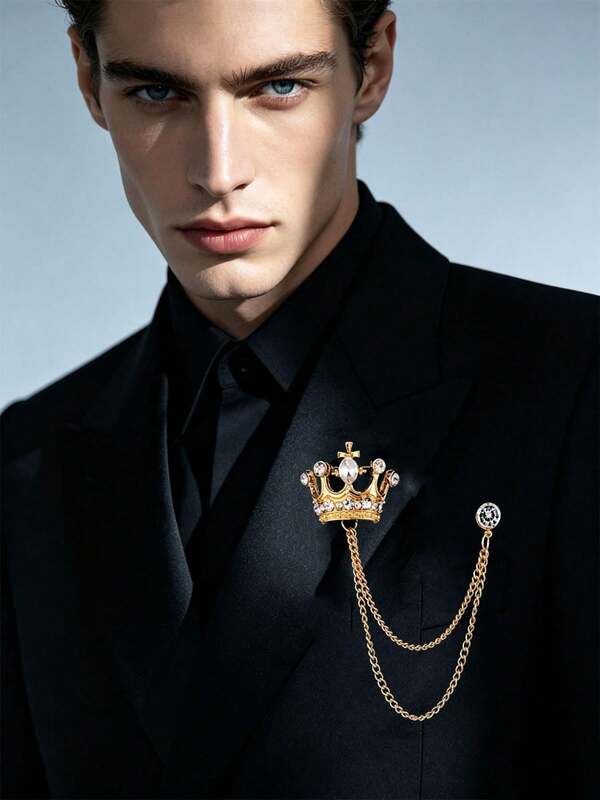 2 Colors Rhinestone Crown Chain Lapel Pin Gold Silver Vintage Royal Brooch Unisex Suit Collar Decor Jewelry For Wedding Business Party