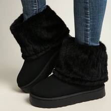 Fuzzy Fold Cuff Platform Boots For Women, Warm Winter Slippers Casual Summer Shoes Multi Tone Beach Essentials - Black - View 6