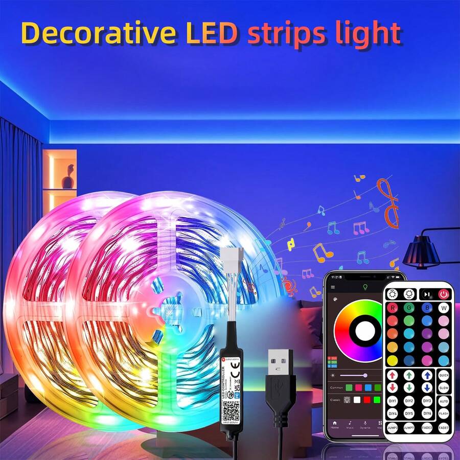 3-100ft RGB LED Strip Lights, App And 44-Key Remote Control, Music Sync Color Changing Light Strip With Timer Function, Adjustable Brightness, Suitable For Bedroom, Game Room, Home Decor, Kitchen, Living Room, Party Decoration And More DIY Modes - 3535RGB - 查看 1