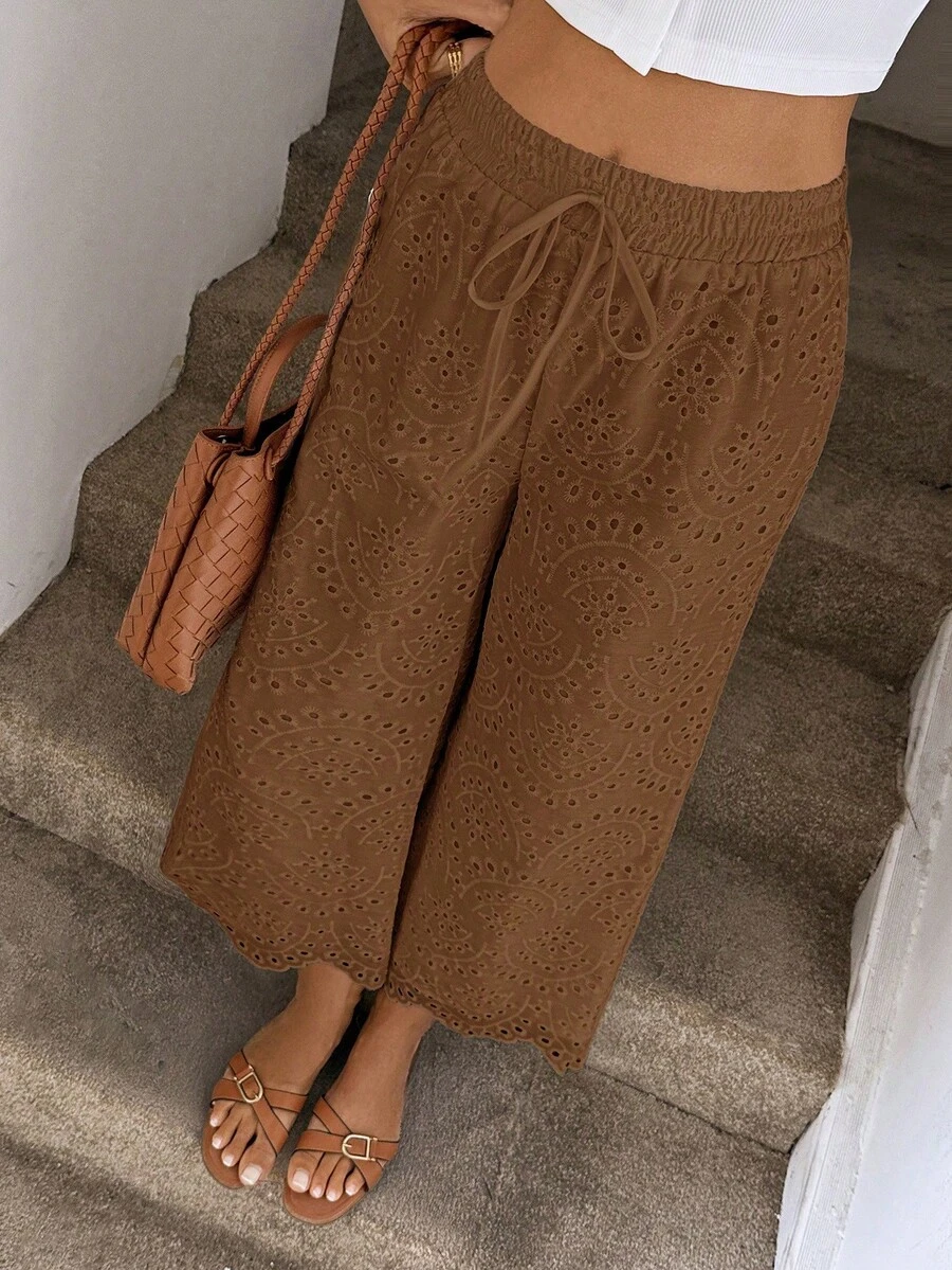 Damen Lässig Shorts mit Lochstickerei, geeignet für Urlaub und Outdoor-Aktivitäten, Frühling/Sommer für Damen, Jogginghose, Damen Boho Chic R - Khaki - Übersicht 1