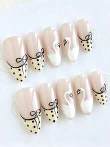 10pcs Almond Shaped Medium Press-On Nails, White Nail Polish Manicure, Minimalist Daily Style, Winter Press-On Nails, Glossy French Polka Dot Manicure, Nail Art Supplies, Suitable For Party, Celebration, Daily Wear Handmade Press On Nails - Multicolor - View 1