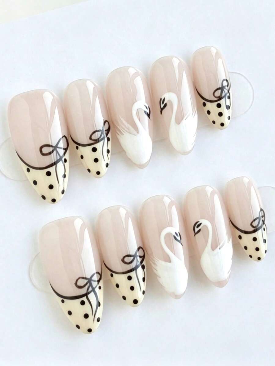10pcs Almond Shaped Medium Press-On Nails, White Nail Polish Manicure, Minimalist Daily Style, Winter Press-On Nails, Glossy French Polka Dot Manicure, Nail Art Supplies, Suitable For Party, Celebration, Daily Wear Handmade Press On Nails - Multicolor - View 1