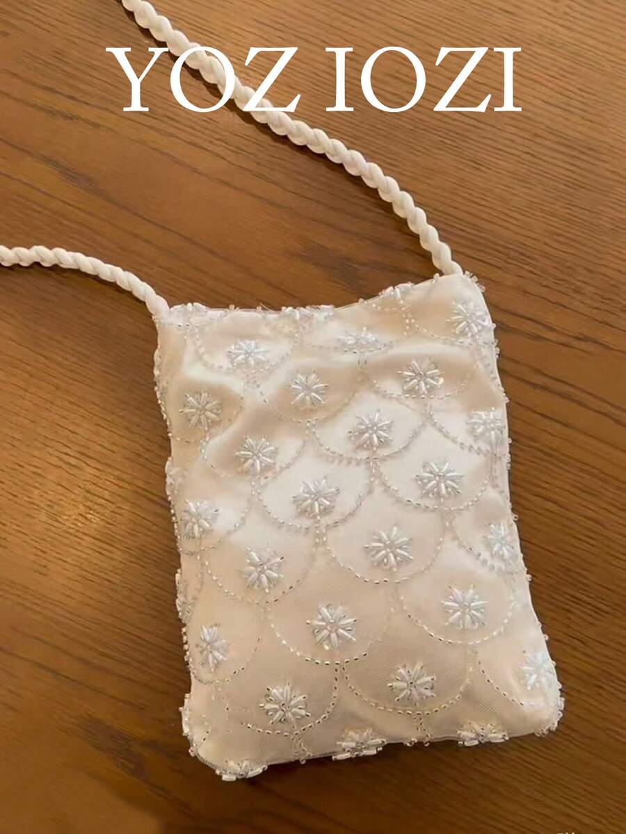 日韓風小眾設計 Ins 風花卉珠飾刺繡女款手機包,法式時尚百搭,優雅通勤、逛街、日常購物,單肩斜跨小包 - 白色 - 查看 1