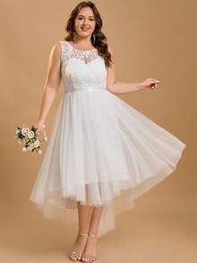 Women Plus Size Elegant Solid Color Patchwork Retro Mesh Wedding Dresses Bridal Event Bachelorette Bridal Shower Brunch Engagement Honeymoon Party - White - View 3