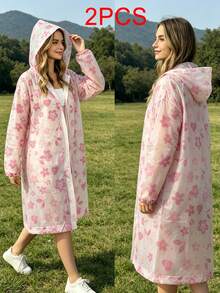 1/2pcs Pink Floral Print Long Raincoat, Strong Waterproof & Rainproof, Lightweight Portable Foldable, Hooded Loose Fit, Practical For Outdoor Commute & Travel - Pink Flowers - View 7