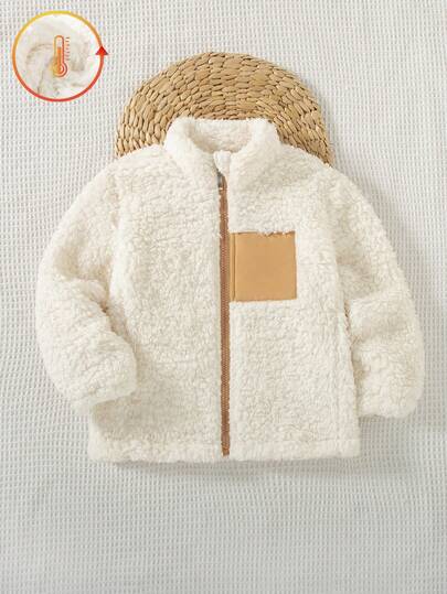 Boys' Fashion Casual Stand Collar Zip-Up Patch Pocket Fleece Jacket, Autumn/Winter