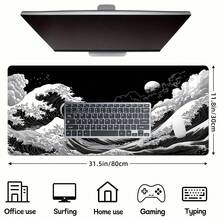 1 Stück extra großes japanisches schwarzes Wellen-Gaming-Mauspad, ergonomisches Design, rutschfeste Gummibasis, japanisches Landschaftsmuster, geeignet für PC und Tablet, langanhaltend glatte Oberfläche, großes Mauspad Schreibtischmatte - A - Übersicht 3