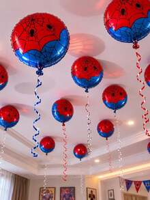 10pcs Red & Blue Mesh Round Aluminum Foil Party Balloons, Halloween Theme Decoration, Birthday, Wedding Party, Gathering Gift Balloons - Spider Sphere - View 3