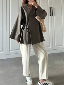 Women's Autumn New Minimalist Long Sleeve Tie-Front Jacket, Plus Size Solid Color Thin Shirt Suitable For All Seasons Brown - Brown - View 1