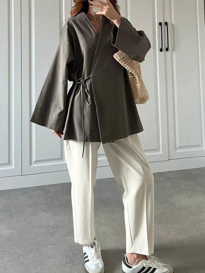 Cardigan Wanita Lengan Panjang Minimalis Model Baru Musim Gugur dengan Ikatan Depan, Ukuran Plus, Kemeja Tipis Warna Polos Cocok untuk Semua Musim, Cokelat