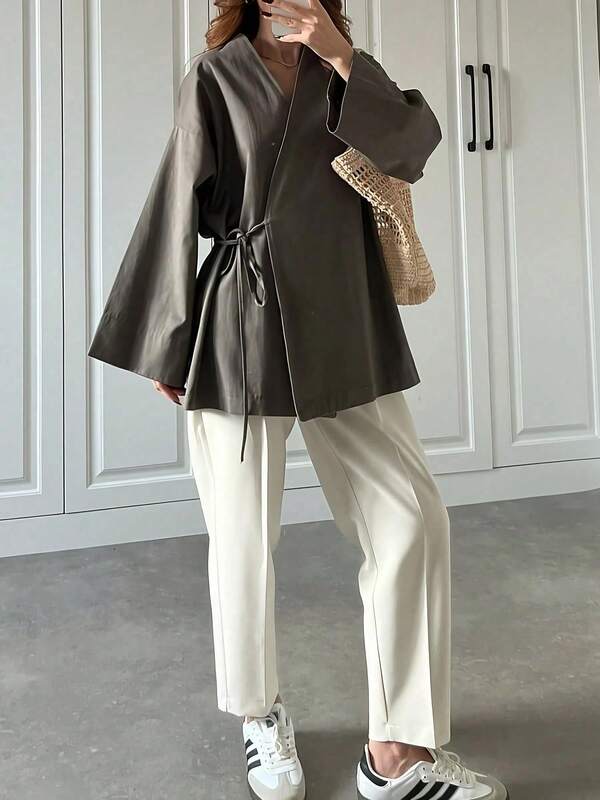 Cardigan Wanita Lengan Panjang Minimalis Model Baru Musim Gugur dengan Ikatan Depan, Ukuran Plus, Kemeja Tipis Warna Polos Cocok untuk Semua Musim, Cokelat