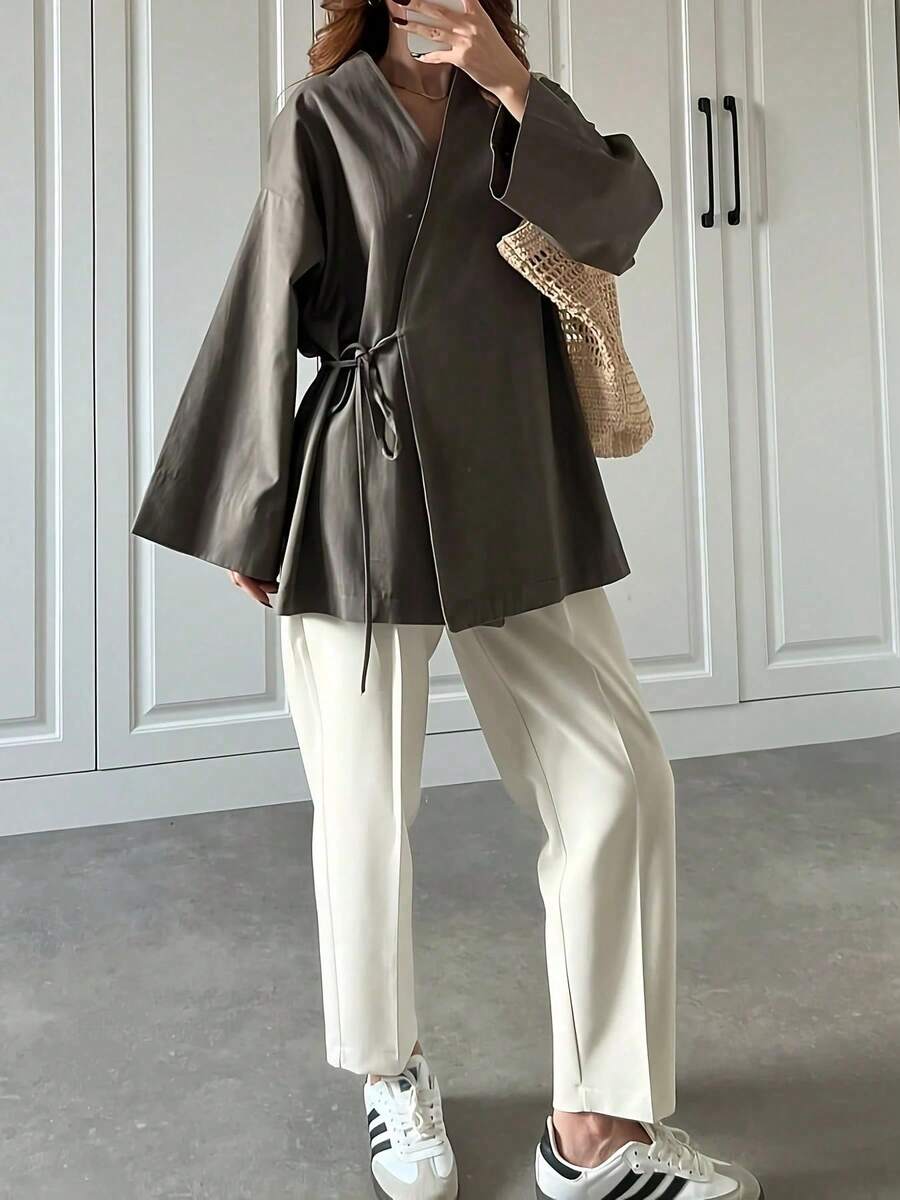 Women's Autumn New Minimalist Long Sleeve Tie-Front Jacket, Plus Size Solid Color Thin Shirt Suitable For All Seasons Brown - Brown - View 1