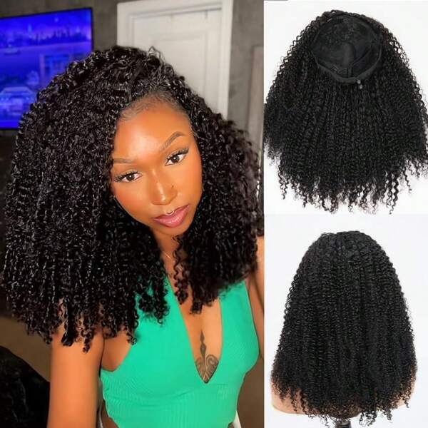 Smilegirl Peruca de cabelo humano cacheado e frisado, 3 em 1, com cordão, sem costura, sem cola, meio alta meio baixa, peruca com faixa para mulheres, densidade 200.