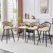 Set Of 2 Beige Velvet Bar Stools With Black Iron Legs - Ideal For Kitchen Island Or Bar - 黑色 - 查看 5