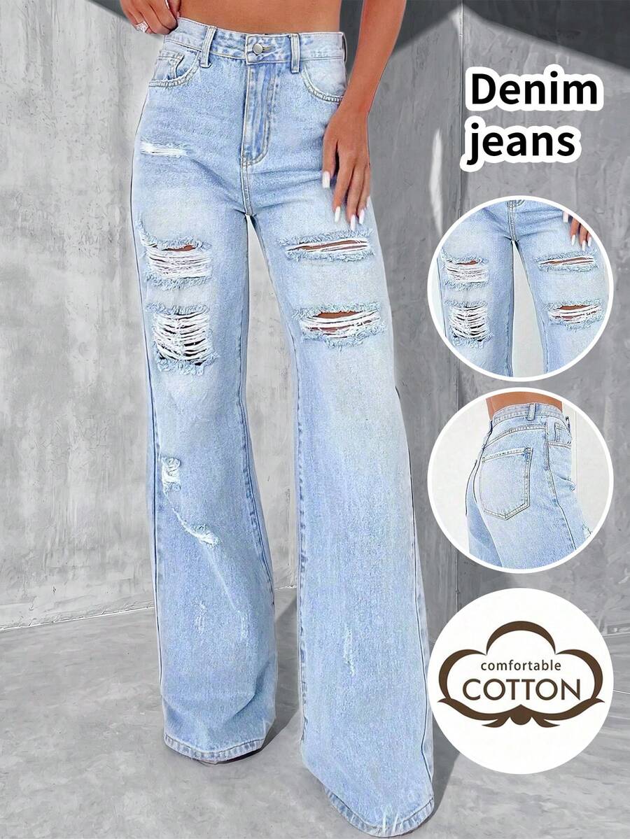 Elegant Fashionable Personalized Street Style Distressed Button Long Pants Fall