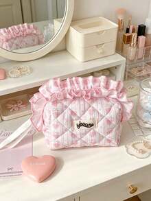 Cute Strawberry Flower Quilted Makeup Bag With Lotus Leaf Edge Zipper Makeup Bag Large Capacity Travel Toilet Bag Multi Functional Storage Bag Pen Bag - Multicolor - View 8
