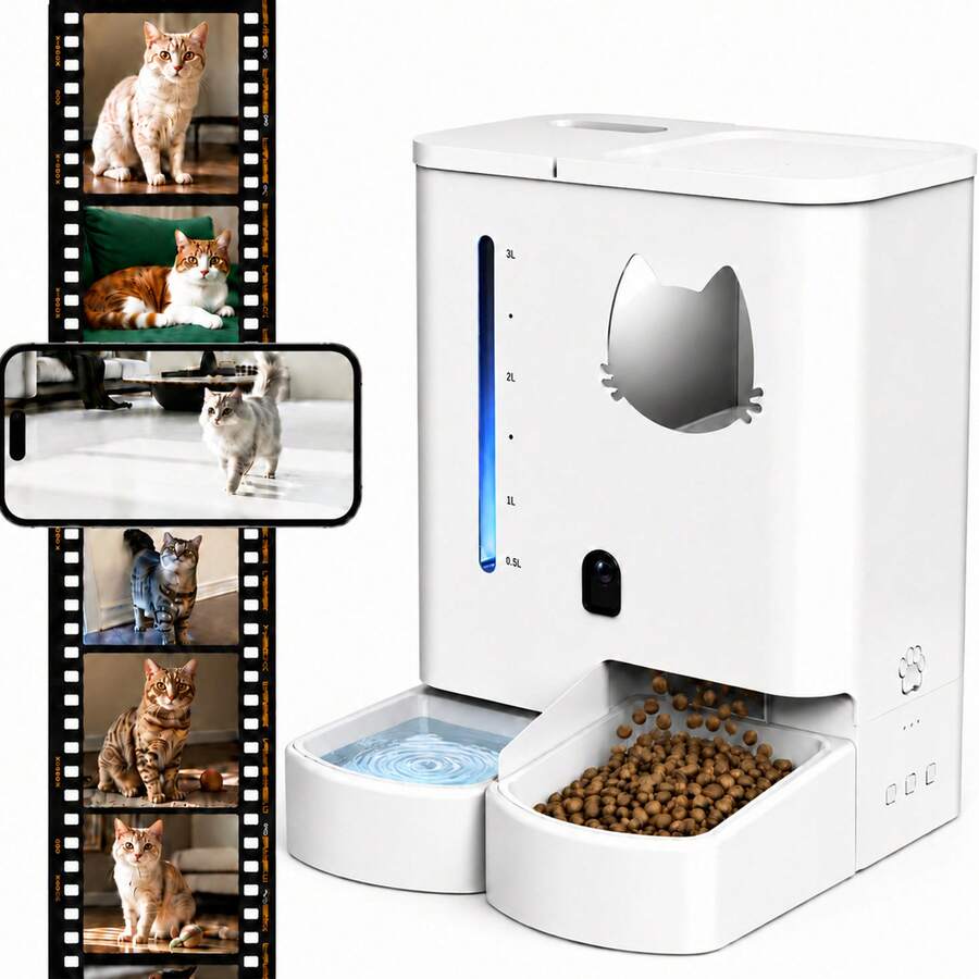 Automatic Cat Feeder With Camera 2K HD Video And36Cups/8.5L & Gravity Water2-In-1 Set Large Capacity 5LFood Feeder 3.5L Water Fountain For CatsPets Small DogsPuppies Kittens Summervibespetlovers - 5L - View 1
