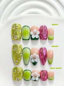 10片裝清新風手工穿戴甲，Polygel美甲套組，花朵、水波紋、極光感水鑽，綠色、紫色指甲油，個性風格，含美甲工具，3種尺寸可選，方形、短方形、杏仁形，適用派對、舞蹈、日常穿戴 - 彩色 - 查看 1