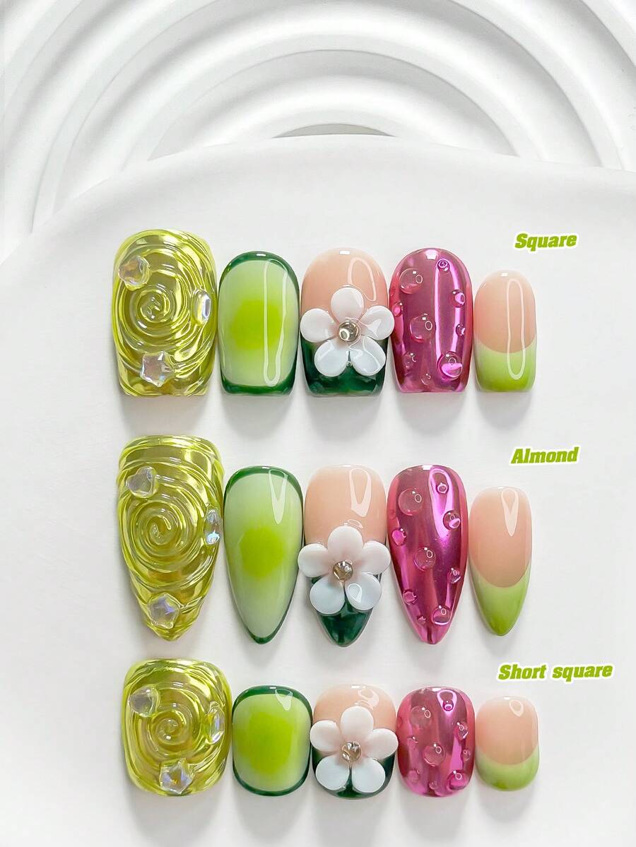 10片裝清新風手工穿戴甲,Polygel美甲套組,花朵、水波紋、極光感水鑽,綠色、紫色指甲油,個性風格,含美甲工具,3種尺寸可選,方形、短方形、杏仁形,適用派對、舞蹈、日常穿戴 - 彩色 - 查看 1
