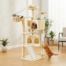 Multi Level Cat Tree Tower With Double Condo Houses, Sisal Scratching Posts & Slope Scratching Board, - Beige - View 3
