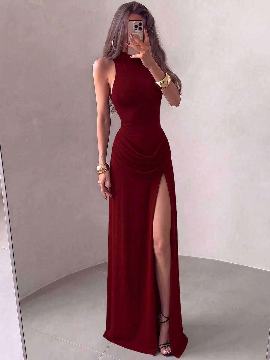 Vestido maxi elegante de unicolor con volantes en el bajo y cremallera, ropa de playa - Burdeos - Ver 1