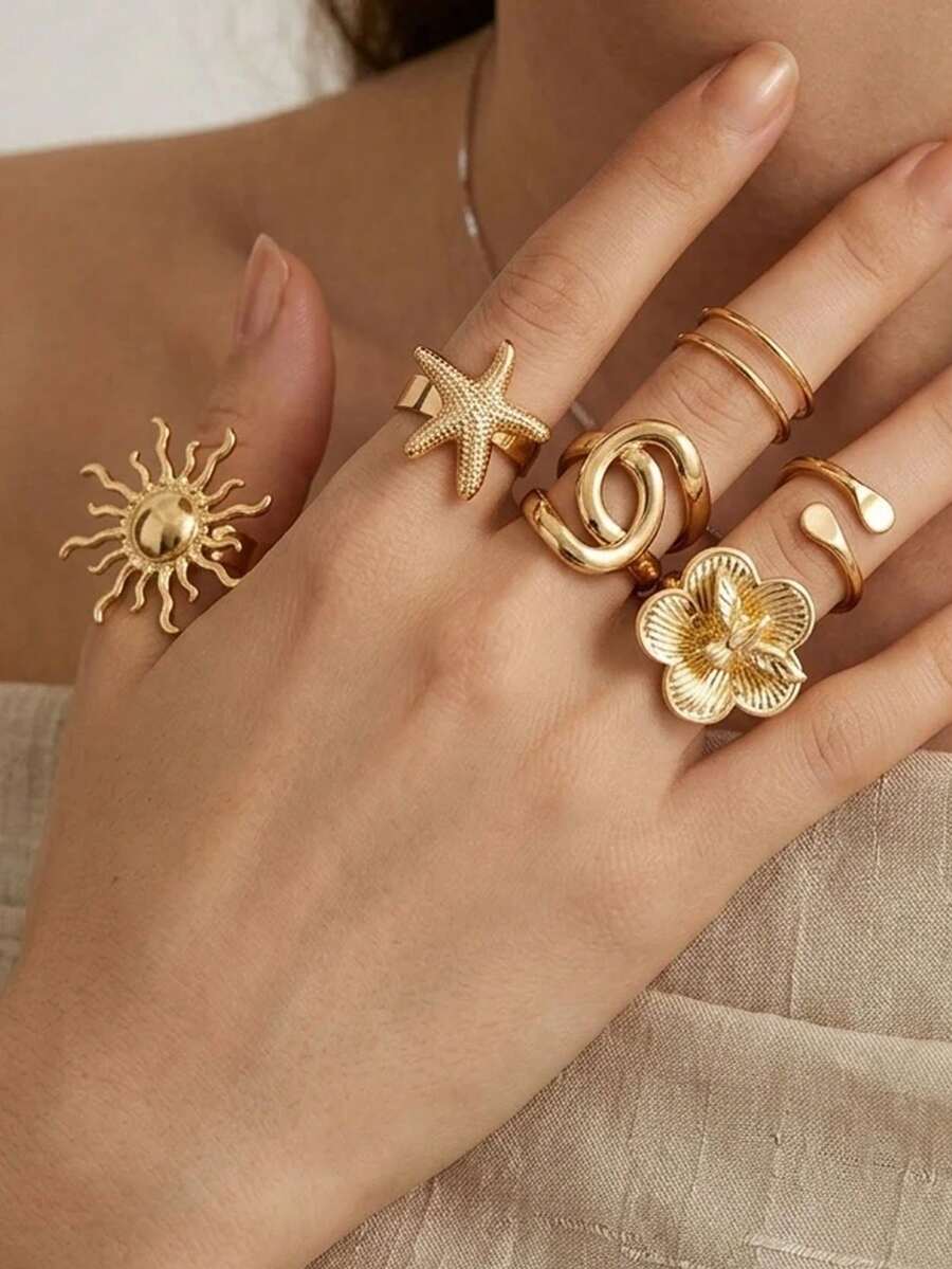6pcs Adjustable Personalized Flower Sun Star Elegant Women's Ring Set - Gold - View 1