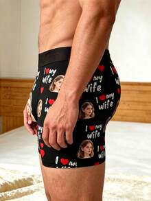 1pc Men's Customized Wife Face Heart Print Boxer Briefs, Soft Elastic Fabric, Romantic Personalized Valentine's Day Underwear - Multicolor - View 3