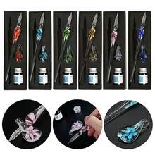 Aimall Glass Dip Pen Set Crystal Flower Calligraphy Fountain Writing Dipping Pen Gift Pack Ink Signature - Glass Dip Pen Set Crystal Flow - View 5