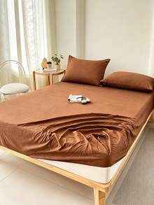 Camel Color Brushed Skin-Friendly Soft Comfortable 3 PiecesBed Sheet Set - Rust Brown - View 5
