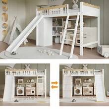 High Kids Bed Frame With Slide And Storage Cabinet - Natural and White - View 9