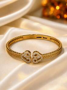 1pc Women's Fashion Hollow Heart Open Cuff Bracelet, Exquisite Zirconia Inlaid Textured Bracelet, Versatile Daily Commute High-End Accessory - Bracelet - View 3