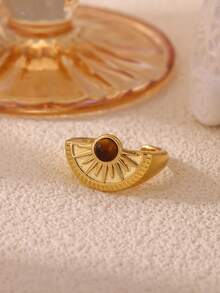 3Pcs/Set Vintage Amber Color Natural Stone Sun Rings Set For Women Stainless Steel Geometry Open Ring Set Party Jewelry Birthday Gift - Multicolor - View 7