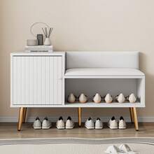 Modern White Shoe Storage Bench With Seat And Backrest - Metal Handles & Legs - Perfect For - 白色 - 查看 7
