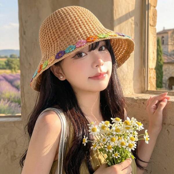 Summer Purple Floral Straw Bucket Hat For Women, Wide Brim Breathable Beach Sun Hat, Full Face Sun Protection
