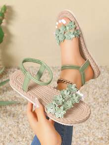1 Pair Floral Print Beach PU Leather Flower Embroidery Flat Sandals Summer Elastic Adjustable - Green - View 1
