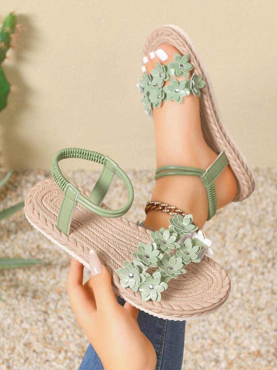 1 Pair Floral Print Beach PU Leather Flower Embroidery Flat Sandals Summer Elastic Adjustable - Green - View 1